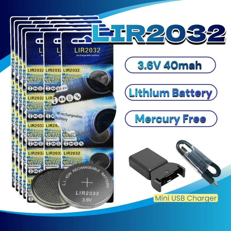 

LIR2032 Rechargeable Battery 3.6V 40mAh, Replacement for CR2032 Lithium Coin Cell in Watches Keyboards Toys Sensors Gadgets