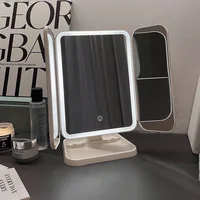 Espejo de maquillaje LED regulable de 3 luces con pantalla táctil, espejo de maquillaje cosmético plegable, mesa recargable para viajes y uso doméstico
