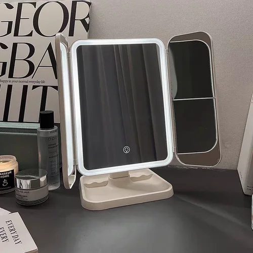 Espejo de maquillaje LED regulable de 3 luces con pantalla táctil, espejo de maquillaje cosmético plegable, mesa recargable para viajes y uso doméstico