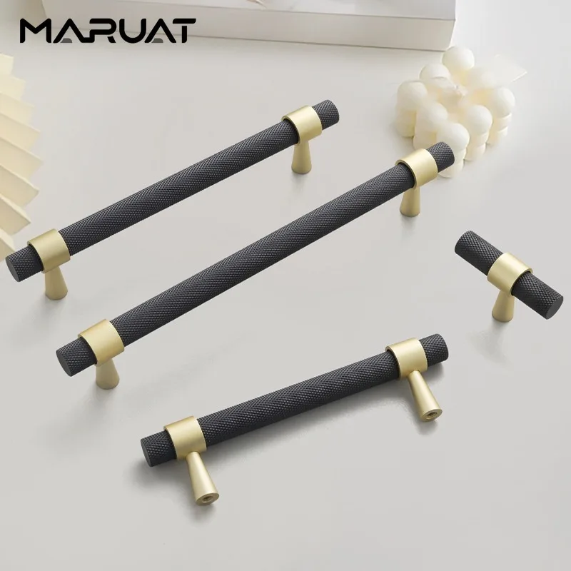 Kitchen Cabinet Storage Handles Aluminum Alloy T-shaped Mesh Roller Pattern Drawer Knobs Matte Black Gold Handles for Furniture