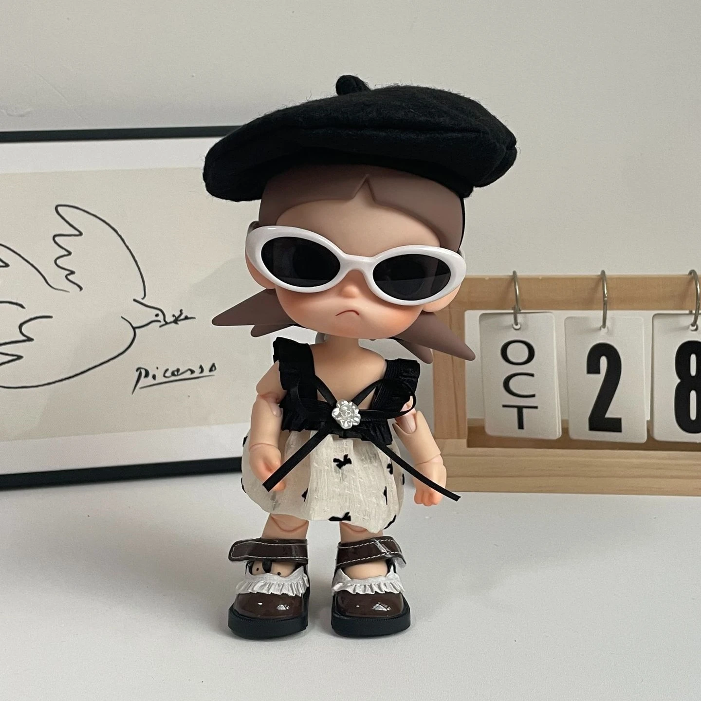 Black Set Doll Clothes For Molly Zsiga 1/8 Action Figure Ruffle Dress Berets Wool Beret Mini Burlap Bag Dress Up Fashion Outfit - Detail 1