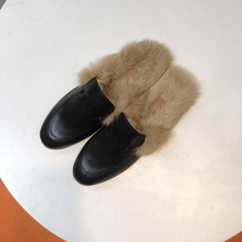 Covered Toe Casual Real Fur Mullers Sandals New Slippers Women leather Flat Shoes Backless Slip on Loafers Ladies Outdoor shoes