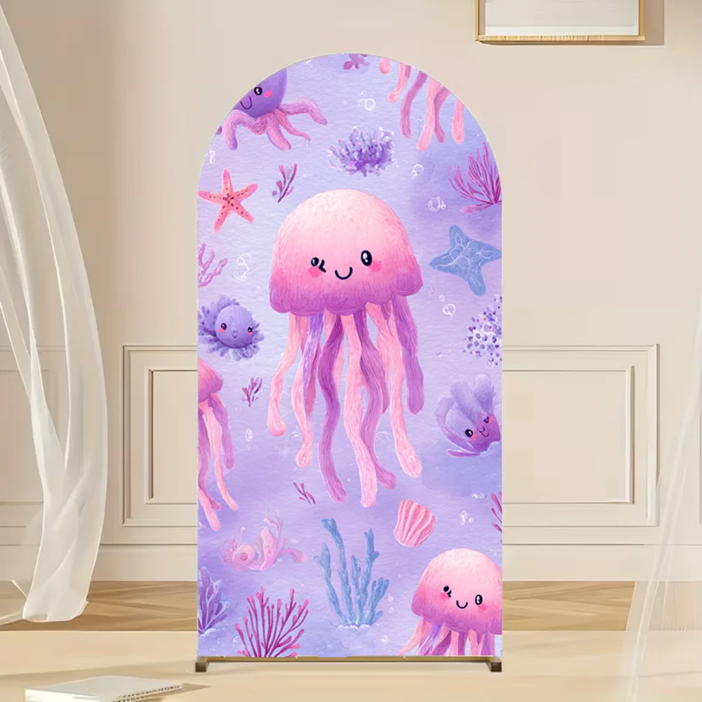 

Underwater World Birthday Arch Backdrop Cover Corals Undersea Cartoon Octopus Shark Fish Baby Shower Background Arch Wall Banner
