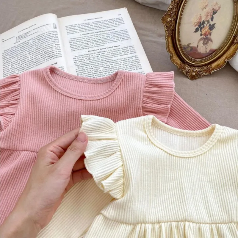 Newborn Baby Girl Pajama Set Cotton Shirt+Pant 2Pcs Solid Ruffle Infant Toddler Loungewear Ribbed Homesuit Baby Clothes 6M-2Y