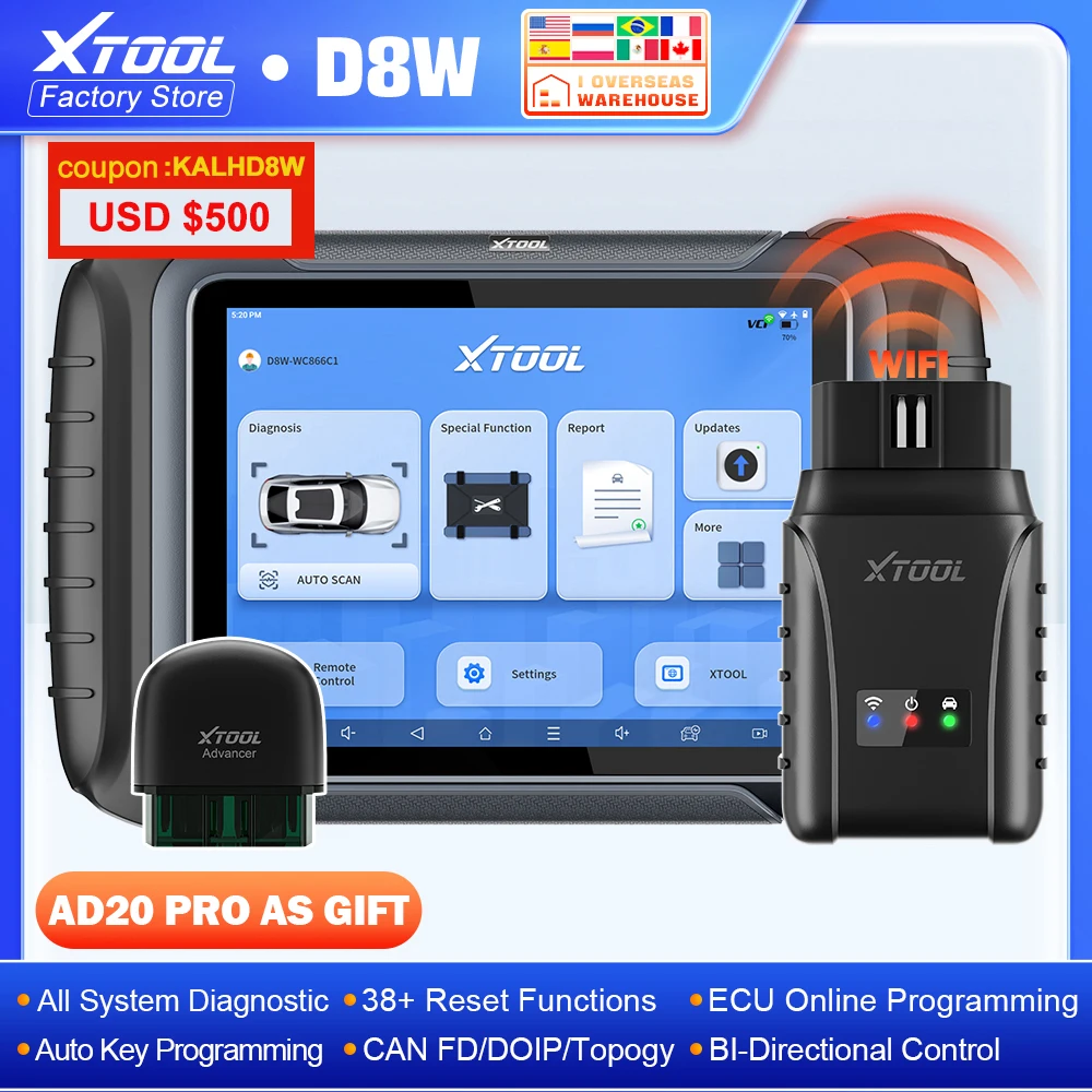 

XTOOL D8W WIFI OBD2 сканер полная система автомобильные диагностические инструменты кодирование ECU программирование ключей топологическая карта 38 сбросов CAN FD DOIP