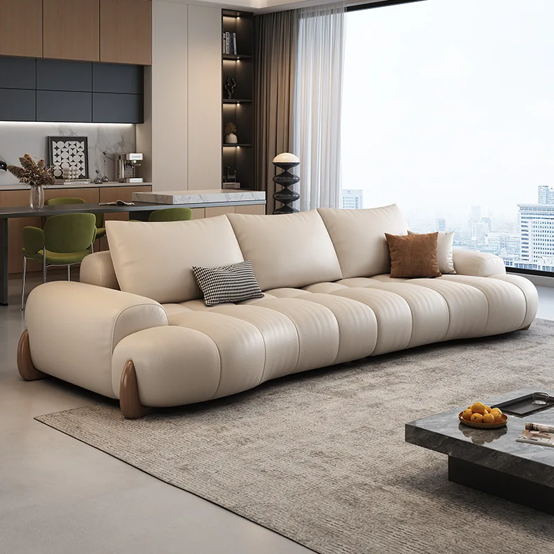 Retro style leather sofa first layer cowhide small apartment living room modern simple trio curved leather minimalist