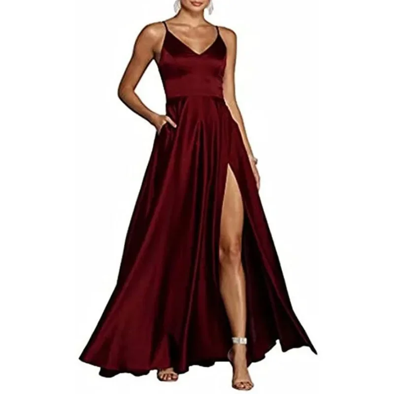 Customized Customized Simple Satin Straps Cross Back Wedding Party Vestidos Split Sexy Slim Sling Prom Dress Lace-up Back Elegan