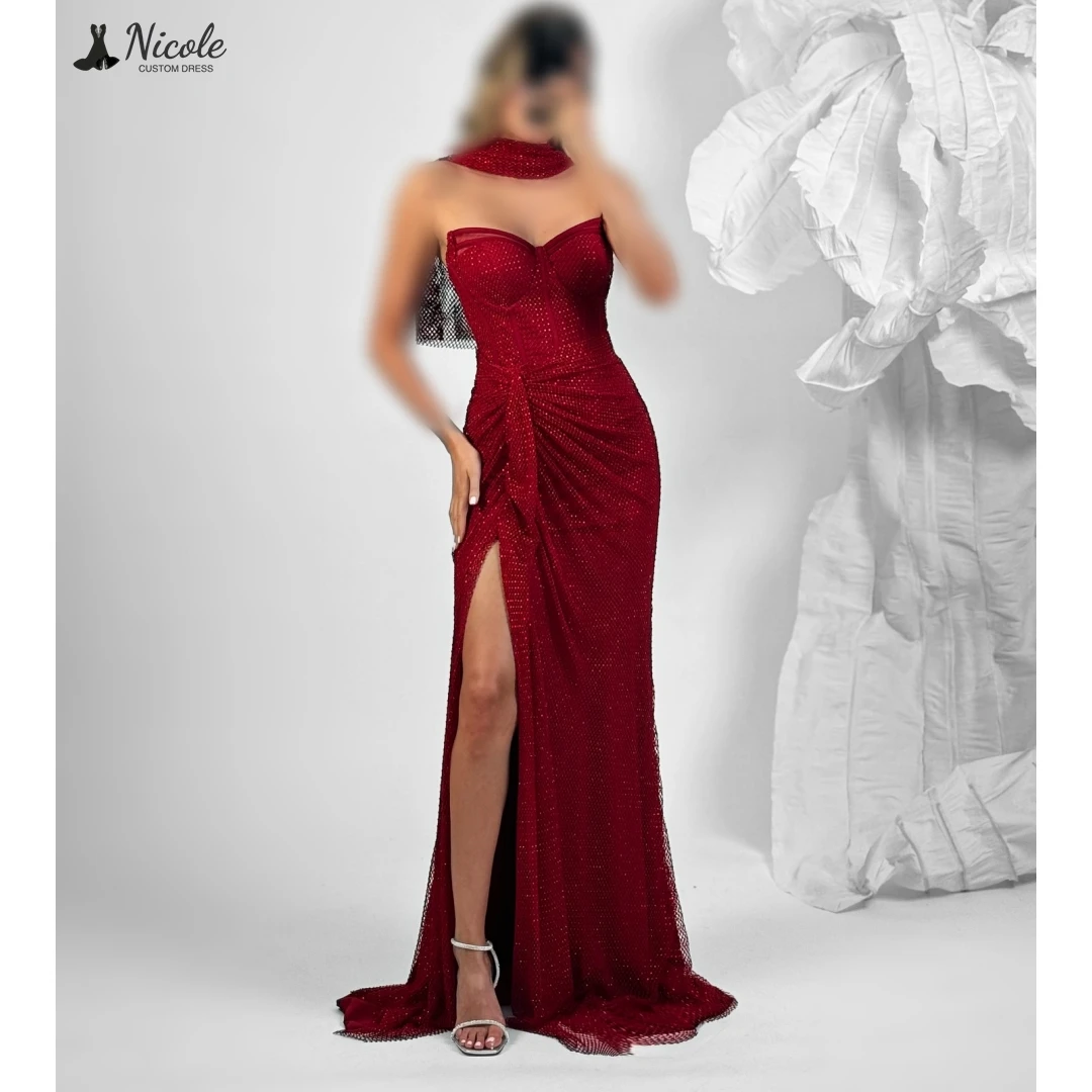 

Nicole Custom Made Dresses Ribbon Elegant Party Dresses for Wedding Woman Ceremony Dress Fishtail Skirt Slit Ball Gown Dress