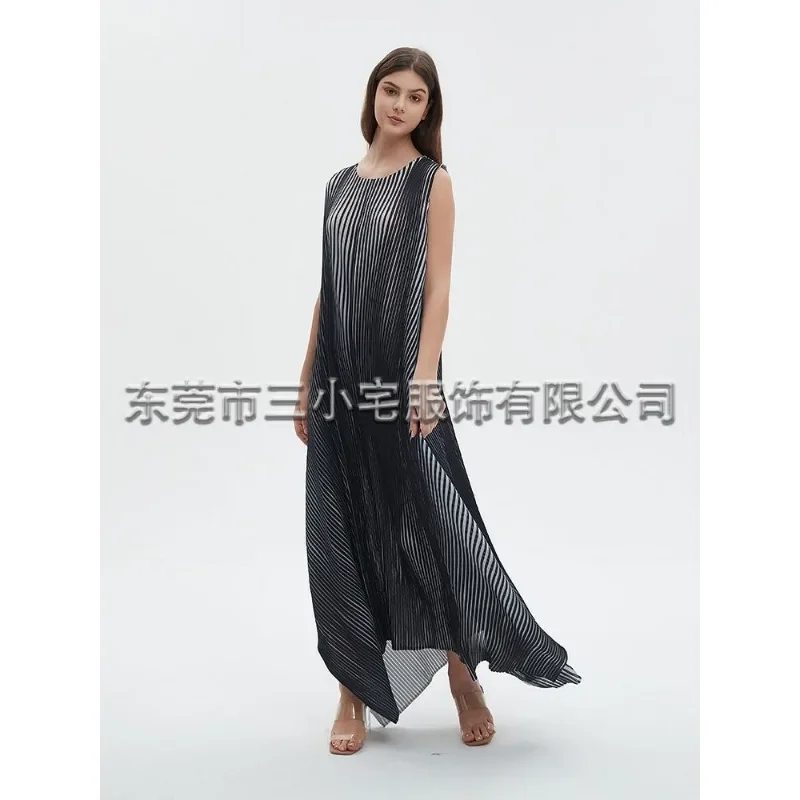 KAF Pleated Women Luxury Set Fashion Retro Stripe Design Loose Big Size Dress + Poncho 2024 Spring Autumn New Female 2 Piece Set