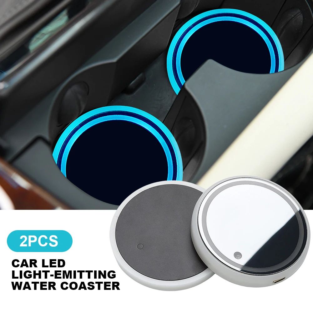 

2pcs LED Cup Holder Lights with 7 Color Lights Atmosphere Light Cup Mat USB Charging Non-Slip 68mm for Car Interior Decoration