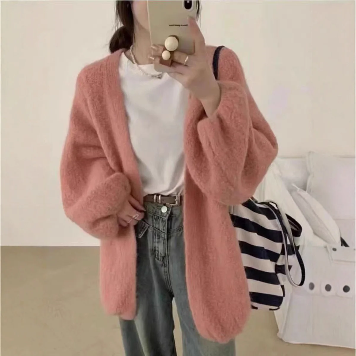 

Mid-Long Cardigans Shoujo Womens Fall Thin Slit Nature Crew-Neck Casual Fitted Lace-Up Ruffle Cozy Collarbone Lady Stretchy Slim