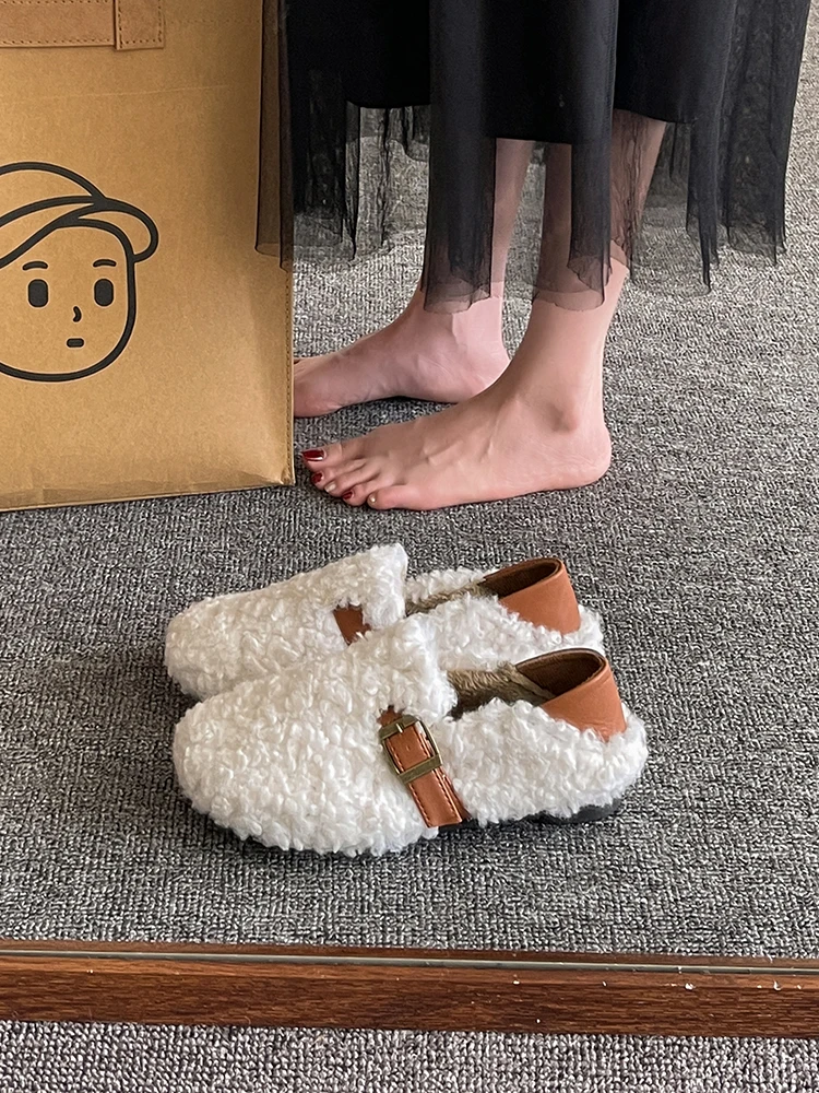 Cover Toe Shoes Woman\'s Slippers Slides Low Flock Loafers Fur Flip Flops 2023 Summer Flat Plush with fur Rubber  Basic