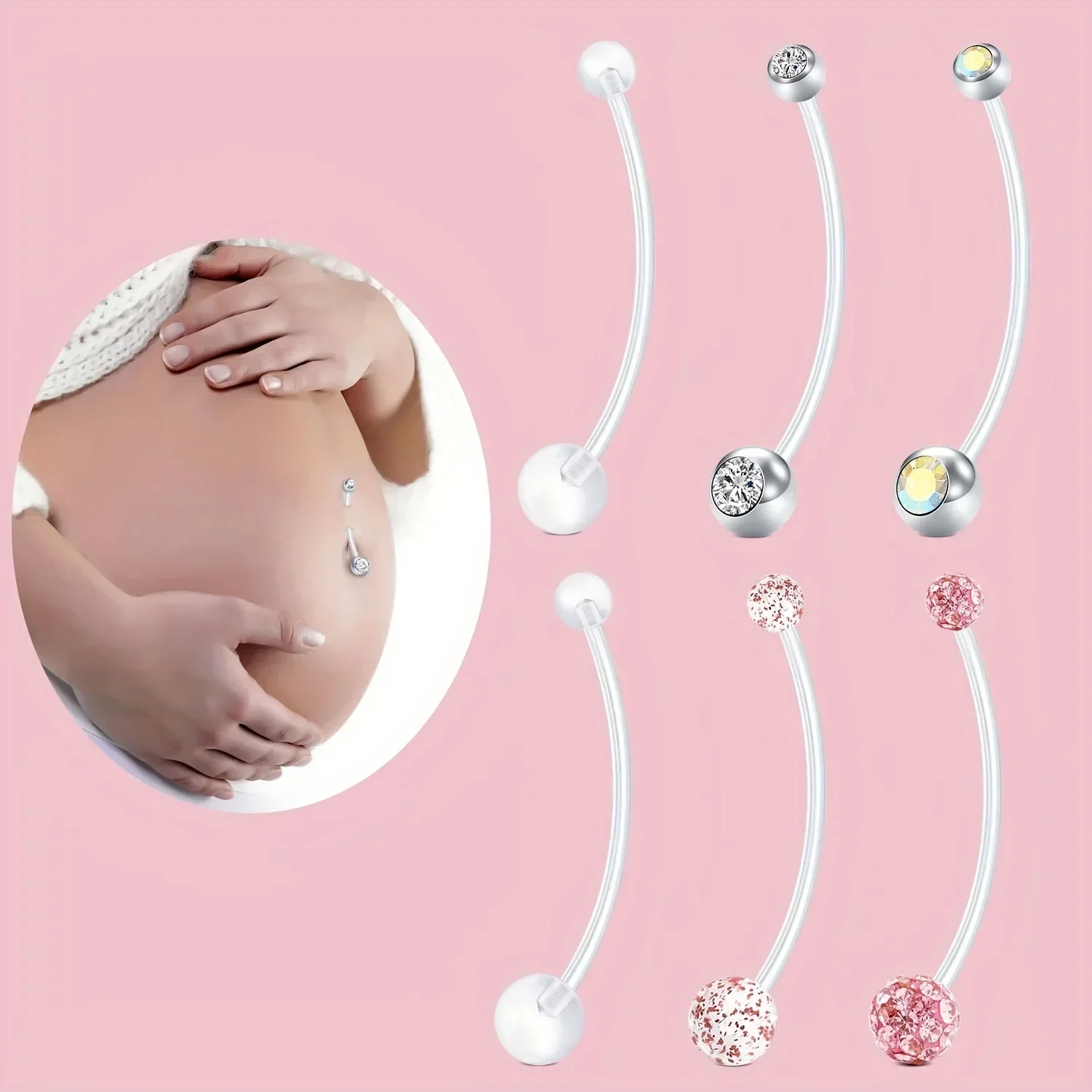 3pcs Flexible Clear Belly Piercing Retainer for Maternity Sport - 14g 32mm Length Bar