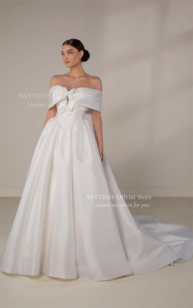 SSYTENS-vestidos de novia de satén suave, línea A, sin mangas, con hombros descubiertos, cola larga, vestidos de fiesta de boda personalizados