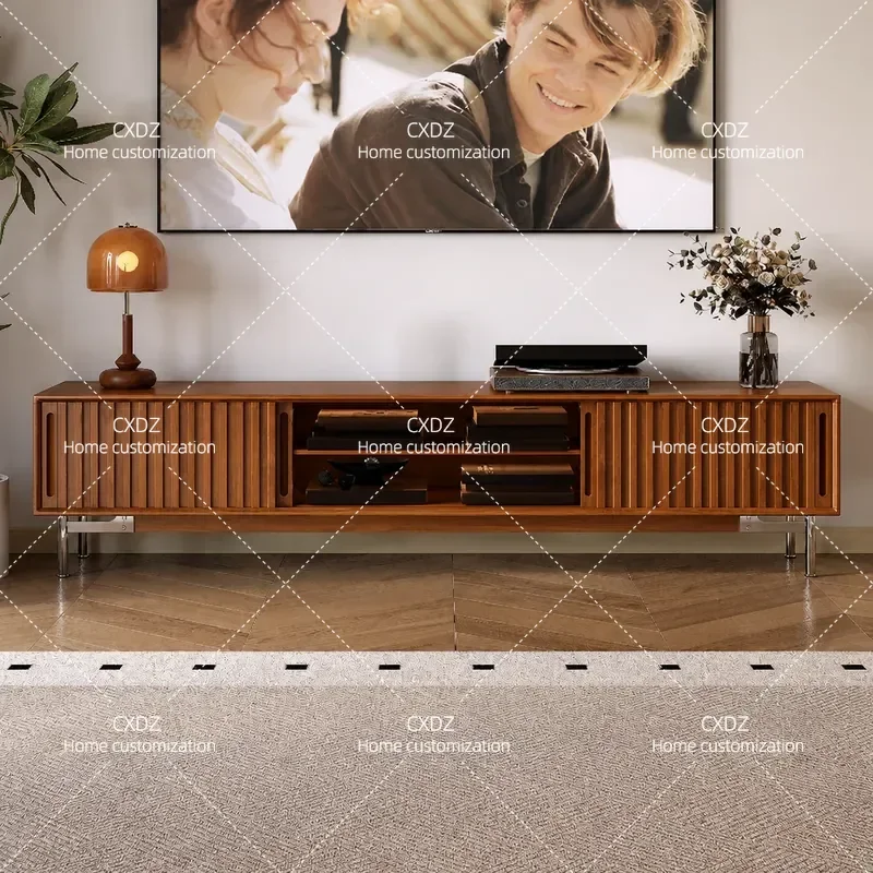 Solid Wood TV Cabinet Retro Black Walnut Living Room Storage Console Small Apartment Floor Standing Media Unit 2025 New