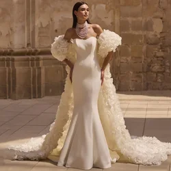 Simple Mermaid Wedding Dress with Flower Cape Customized Luxury Arabian Bride Dresses Sweetheart Sleeveless Dubai Bridal Gown