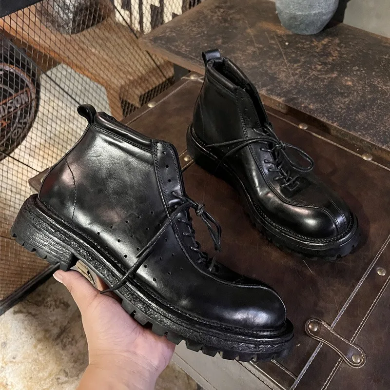 Botas de montar Retro de gama alta para hombre, botines de motocicleta Chelsea hechos a mano con punta redonda y suela gruesa de piel de caballo, zapatos masculinos