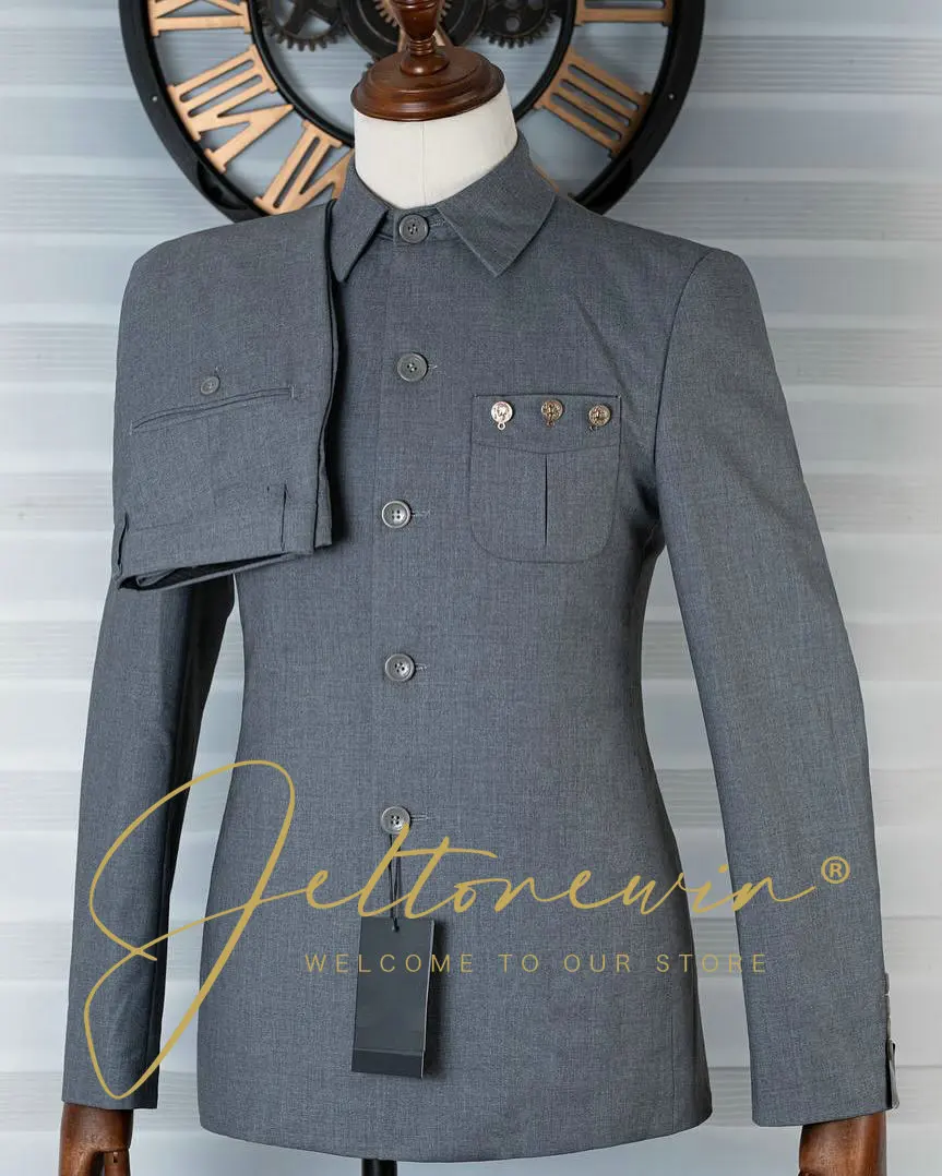 

Мужской серый костюм-двойка с вырезом на воротнике и пятью пуговицами спереди, приталенная официальная одежда для свадебной вечеринки, жениха