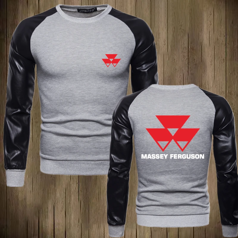 2021 New MASSEY FERGUSON Logo Print Custom Made Spliced Leather Sleeve Men O Neck Pullover Hoodie Casual Hip Hop Man Wild Trend