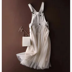 Fashion Patchwork Women's Denim Camisole Dress Solid Color Summer Button Kangaroo Pocket Design Versatile Tulle Skirt