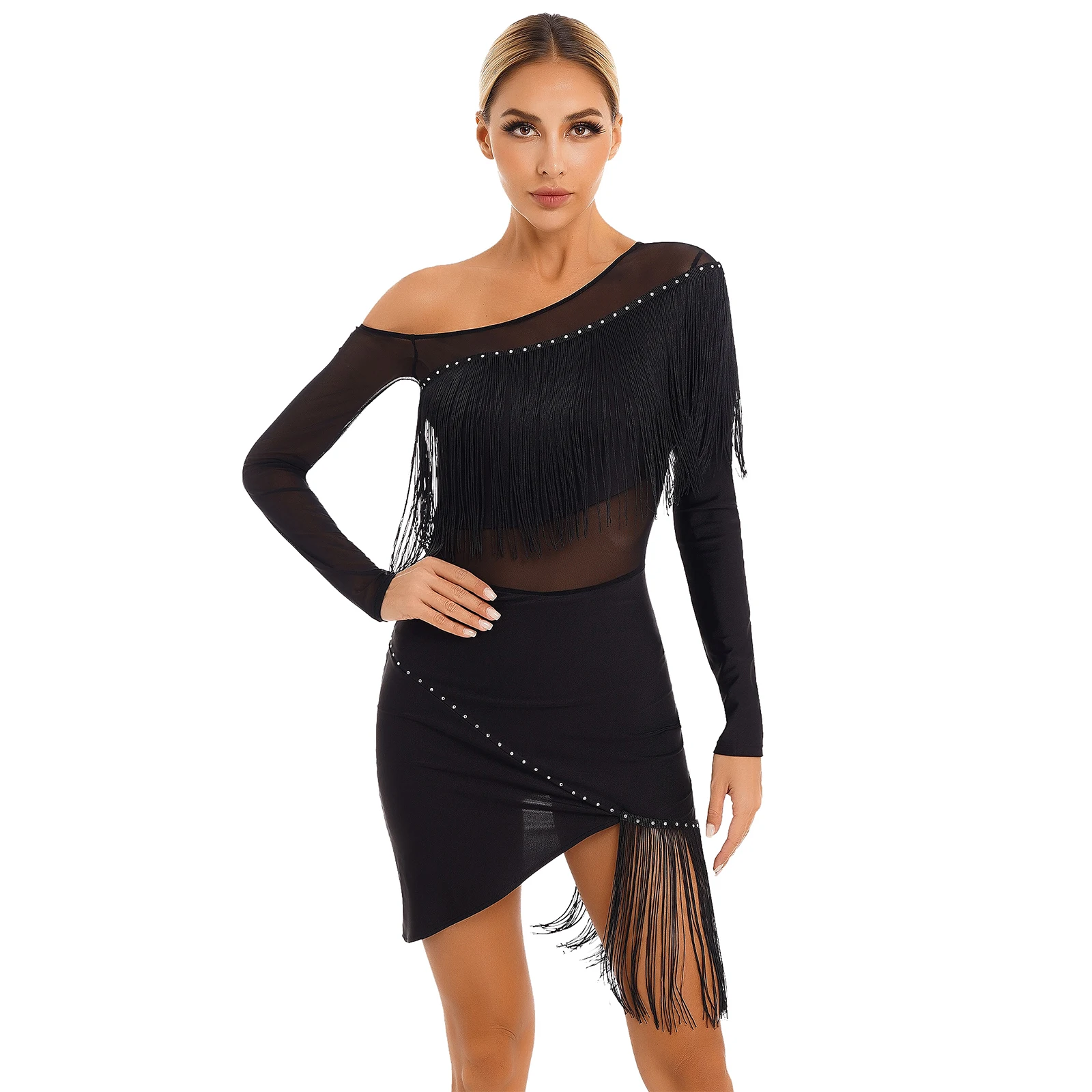 Womens Latin Dance Performance Costume Rhinestone Shiny Fringe Dress Single Long Sleeve Tango Rumba Cha Cha Ballroom Prom Dress