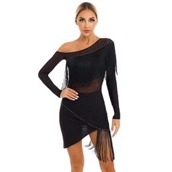 Disfraz de baile de salón para mujer, vestido de baile latino de manga larga con flecos divididos, Ropa de baile moderna para Tango, Salsa, Rumba, Samba, Cha