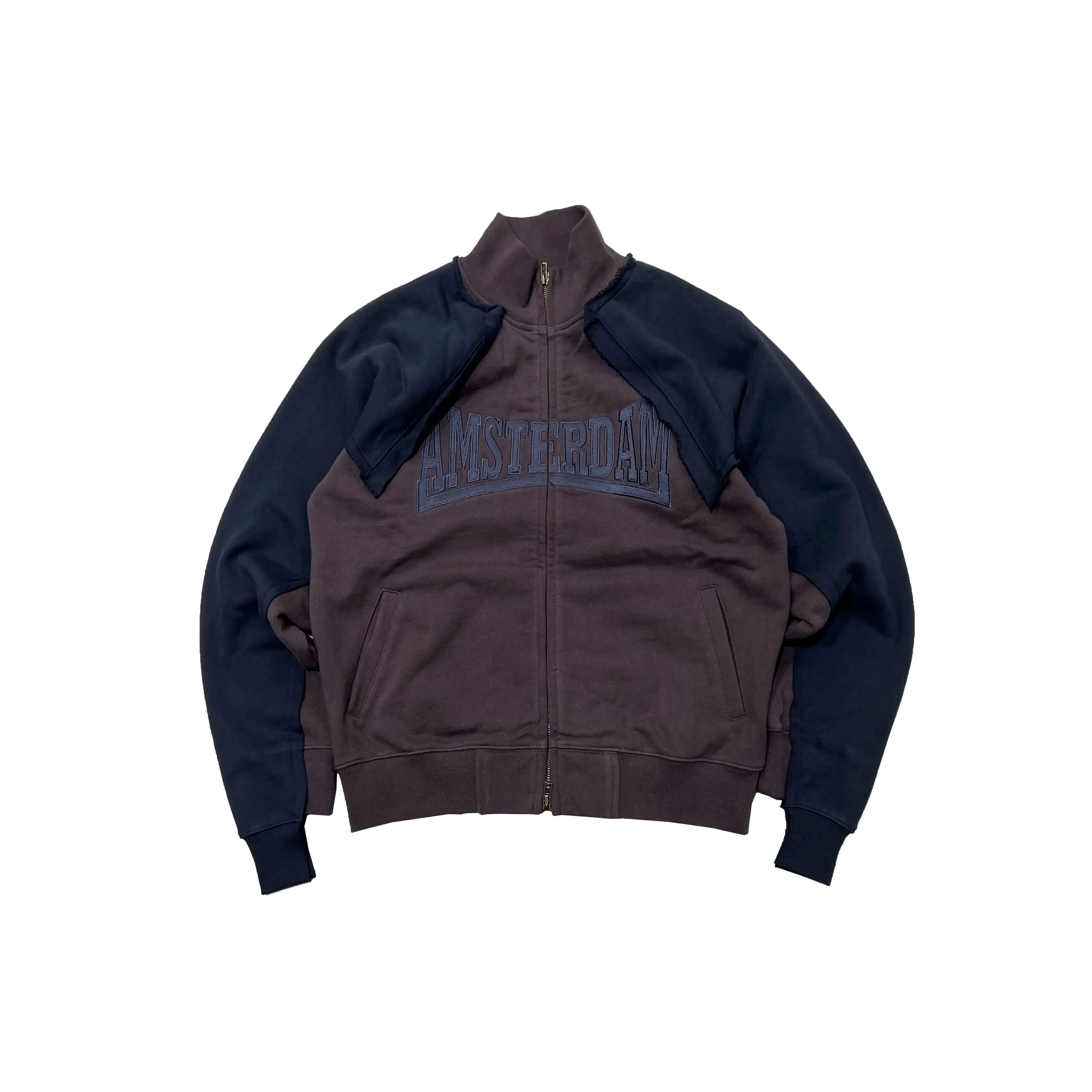 Exclusive VET high gram weight deconstruction splicing color matching letter embroidery zipper sweater