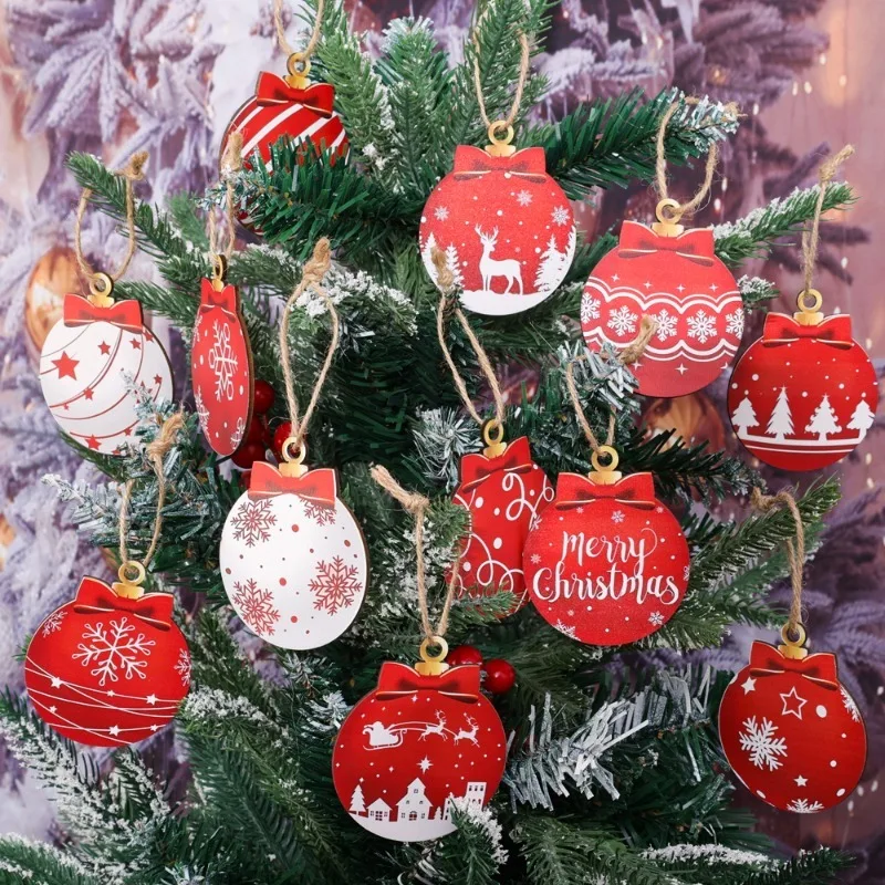 12/60PCS Wooden Christmas Drop Ornaments Wooden Round Tags Ball Set DIY Christmas Tree Craft Ornament for DIY Craft Garden Party