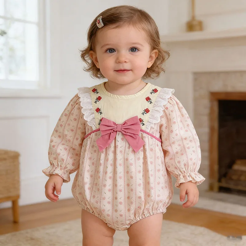 

Girls Onesie 2026 Spring and Summer New Childrens Clothing Korean Style Girls Baby Foreign Style Bow Floral Sweet Onesie
