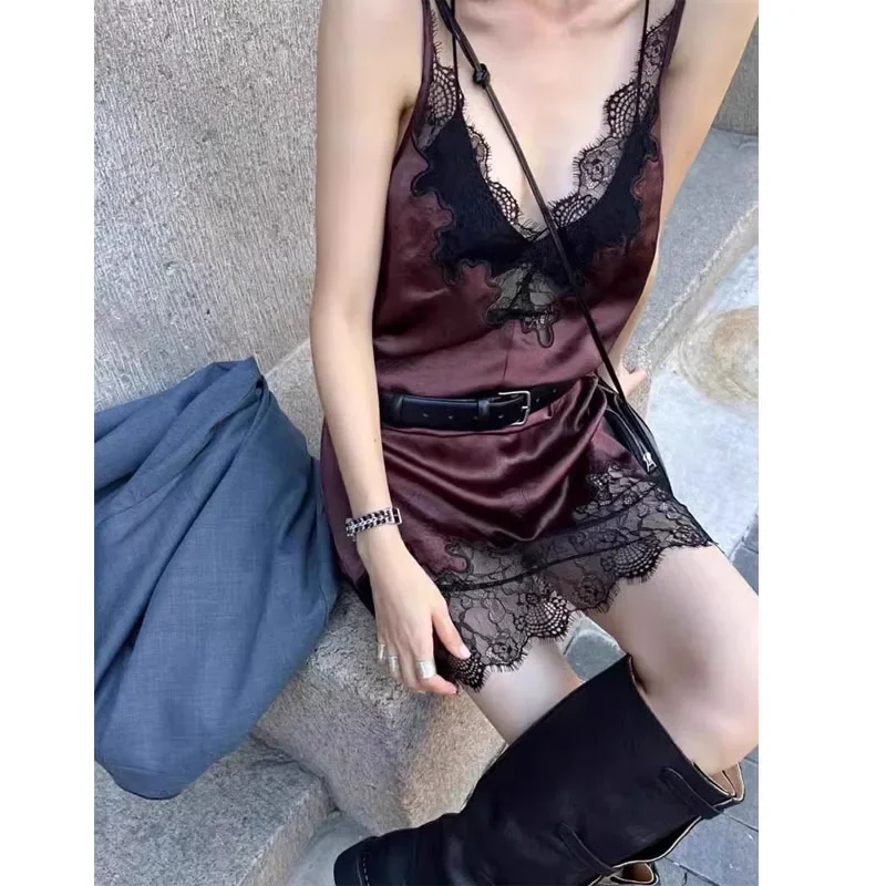 

2025 Spring V-Neck Lace Trim Sleeveless Slim Dress Women's Fashion Casual Hollow Out Tank Dress