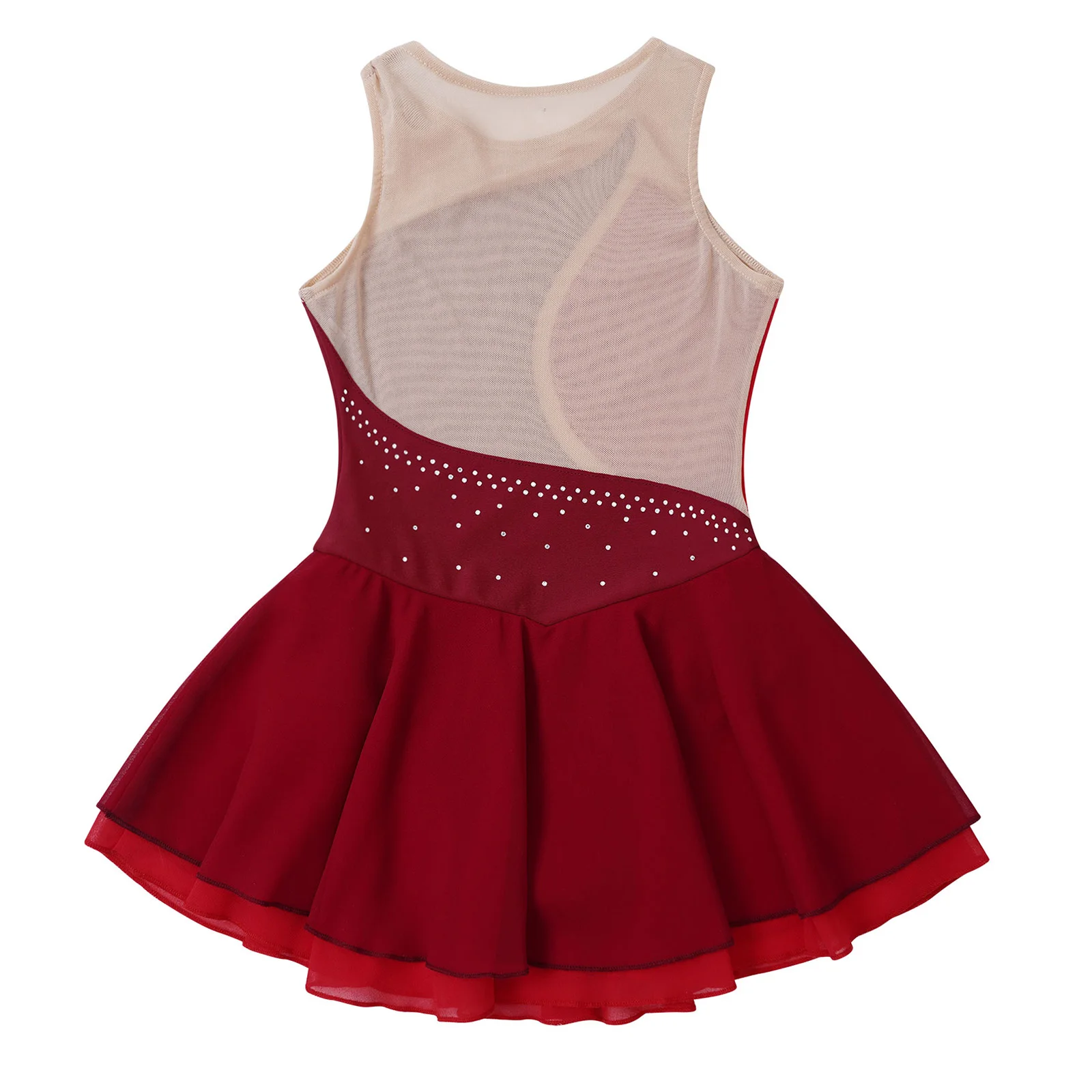 Kids Girls Mesh Splice Rhinestone Figure Ice Skating Dress Ballet Dance Stage Performance Dance Costumes