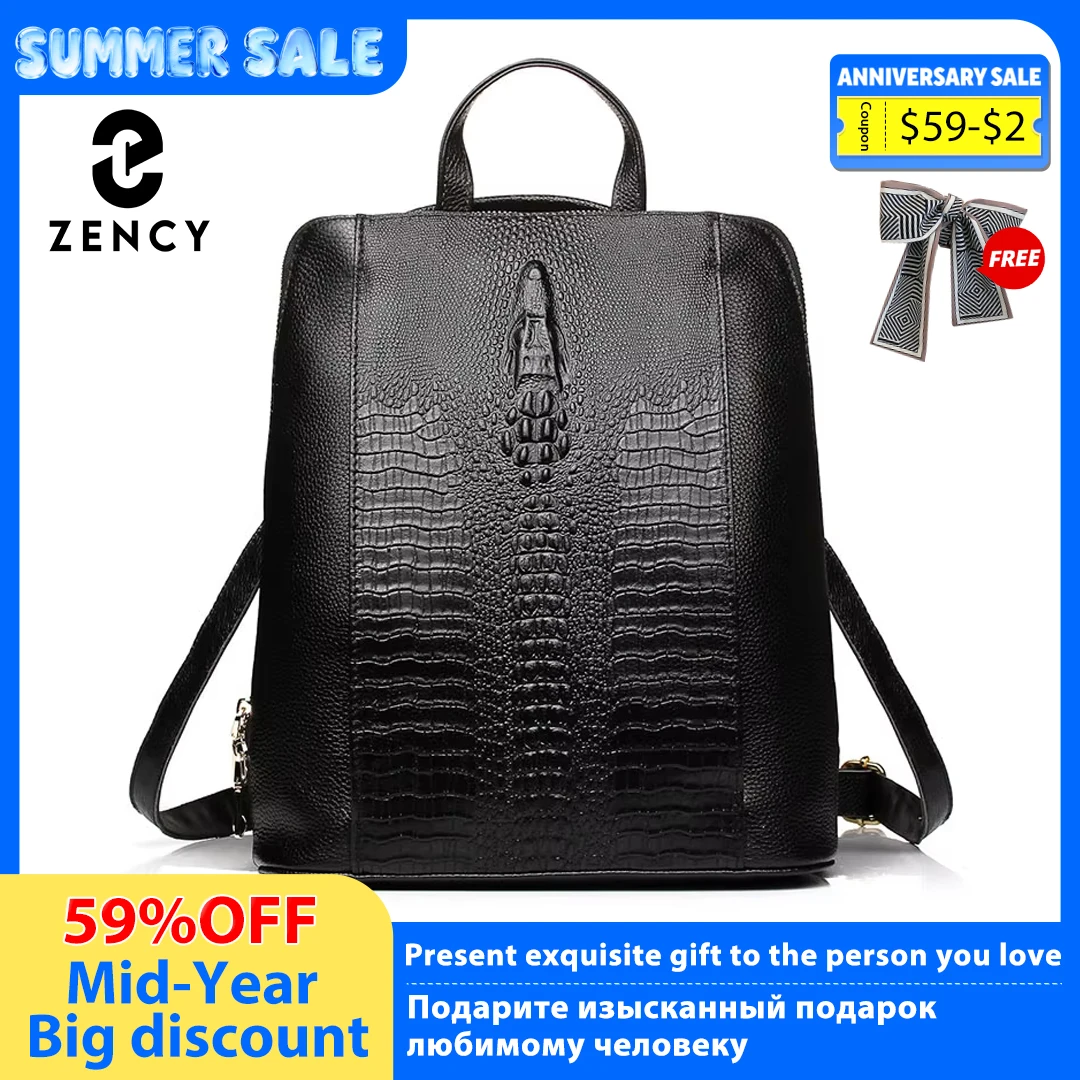 Zency Women's Crocodile Leather Backpack 100% Genuine Natural Travel Work School Bag with Notebook Compartment Laptop Carry-on