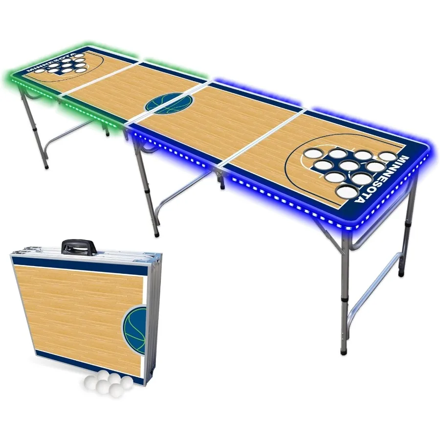 

8Foot Folding Portable Pong Table with Optional Cup Holes and LED Lights for Indoor Outdoor Recreation Ideal for Home Game Room