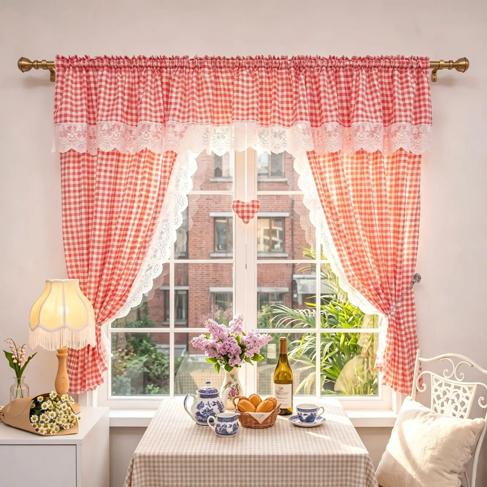 1PC Red Gingham Check Curtain With Lace Embroidery, Light Filter Window Drape For Bedroom Living Room, Lovely Housewarming Gift