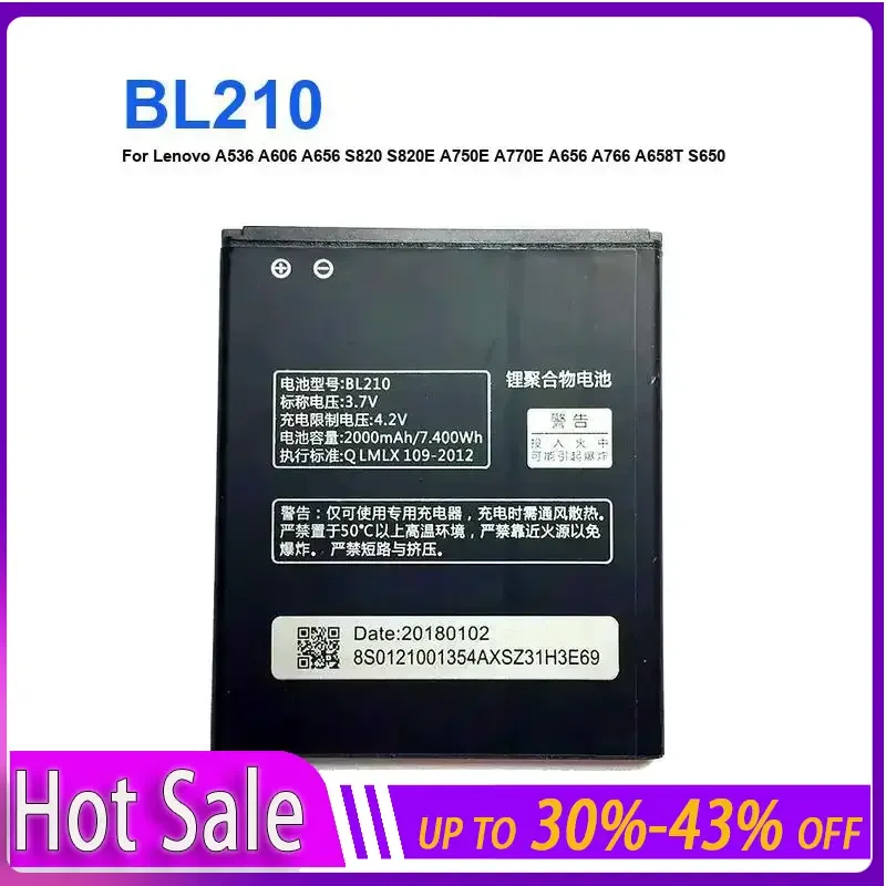 

Battery BL210 for Lenovo A536 A606 S820 A750E A658T S650 A656 A766 2000mAh BL-210 Portable Batteries for Cell Phone Warranty