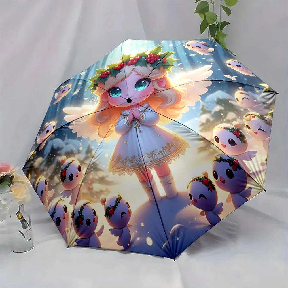 Cute Angel with Holly Crown and Snowy Forest Scene Print portable waterproof sun rain umbrella for outdoor travel beach