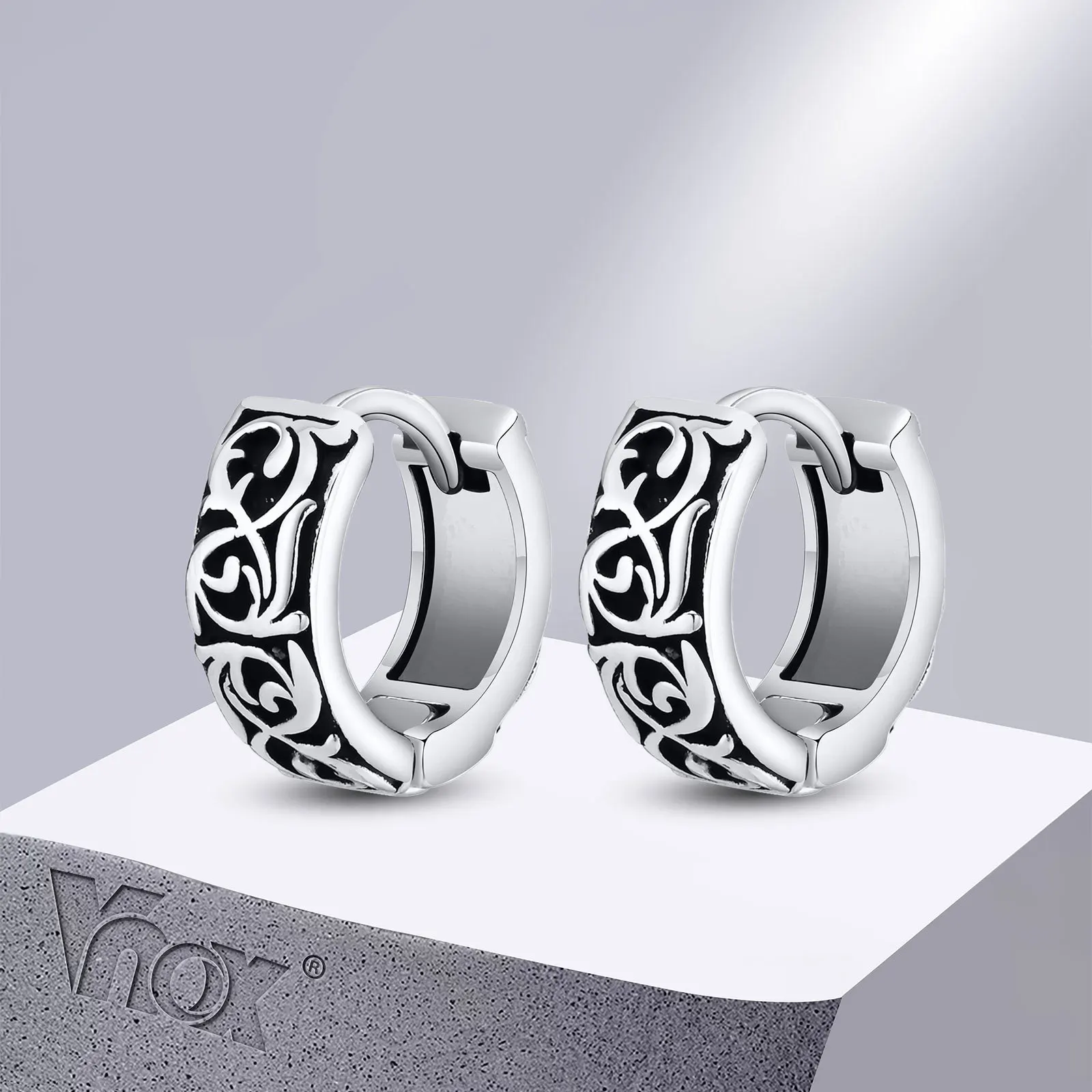 Vnox Ethnic Hoop Huggie Earrings for Men Boys, Anti Allergy Stainless Steel Rock Punk Round Earring Gifts to Boyfriend BFF