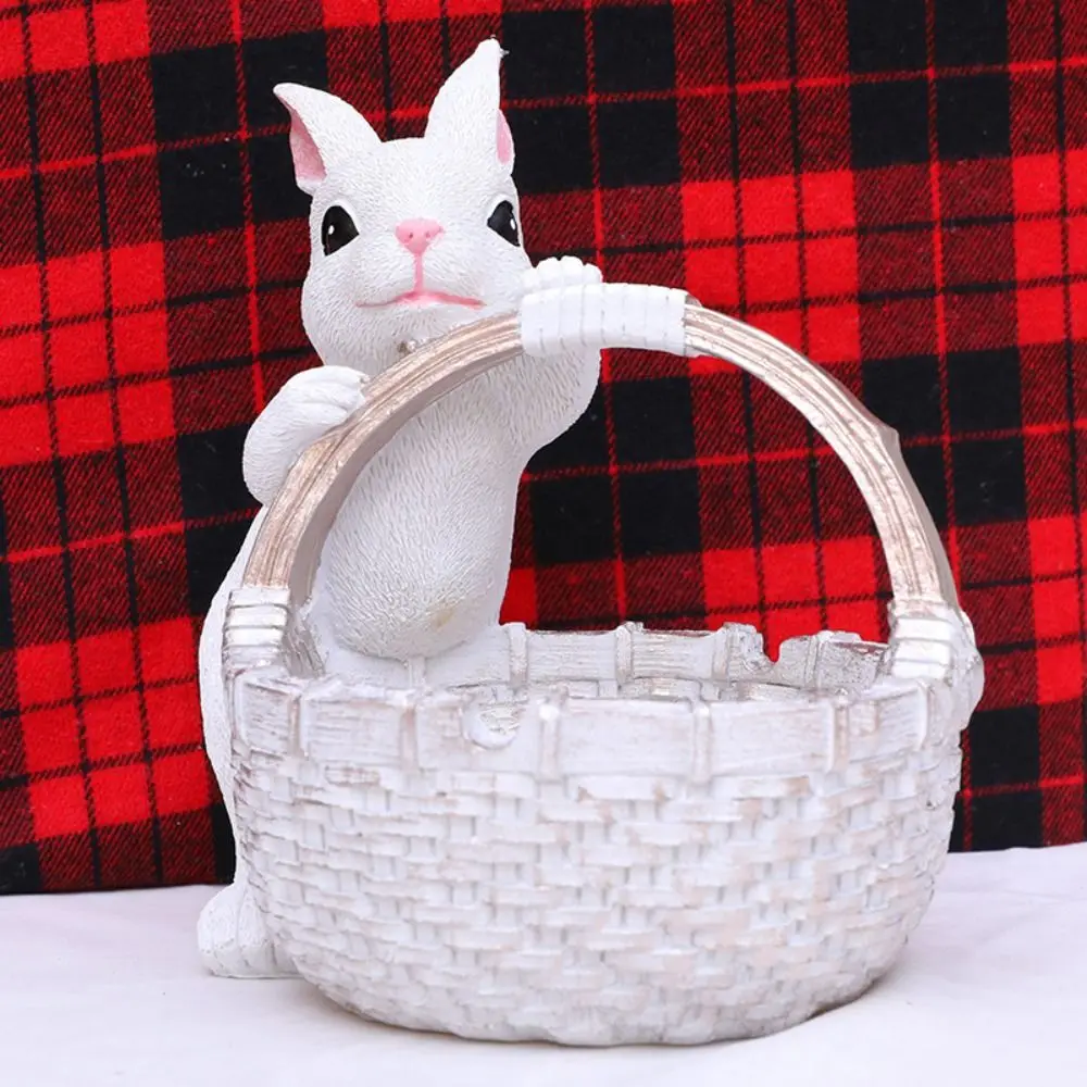 Cute Easter Bunny Basket Figurine Festival Resin Crafts Gift Basket Rabbit Statue Realisti Desktop Rabbit Ornament