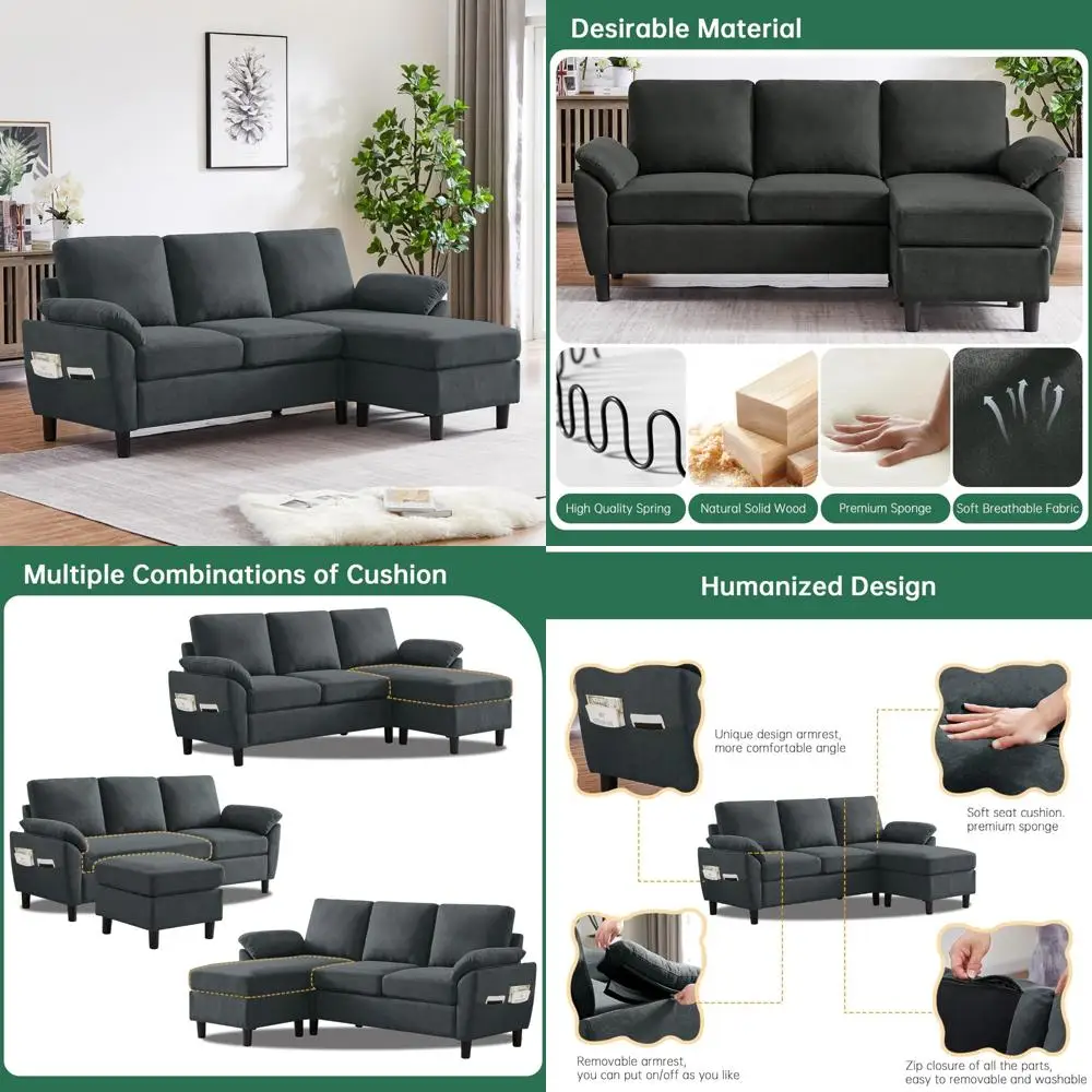 

modern 3-seat l-shaped convertible sectional sofa with reversible ottoman, dark grey for living room comfort
