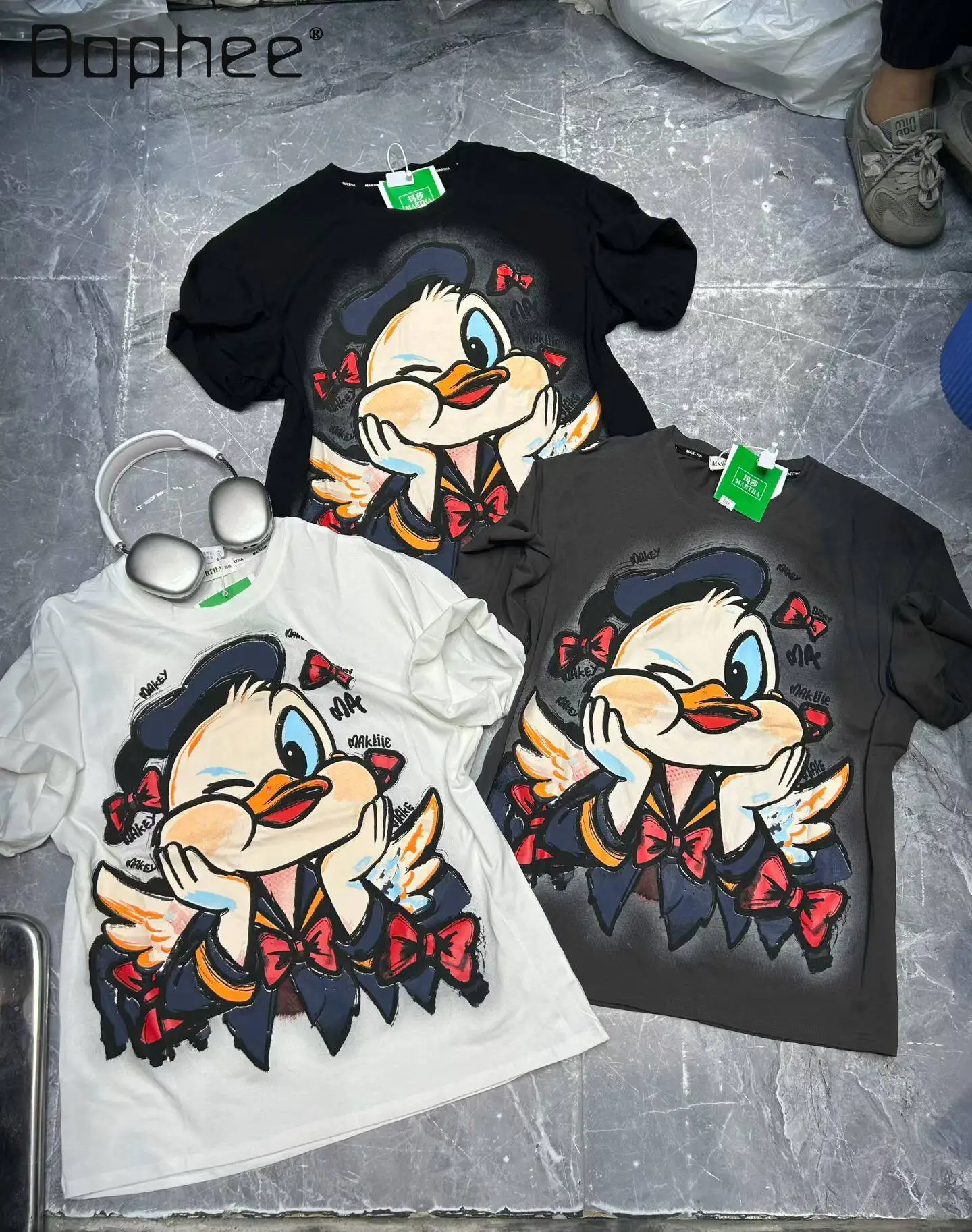 

2026 Summer Heavy Industry Printing Cute Little Duck Mid-length Loose Short-sleeved T-shirt Tops Aesthetic Clothes Women T Shirt