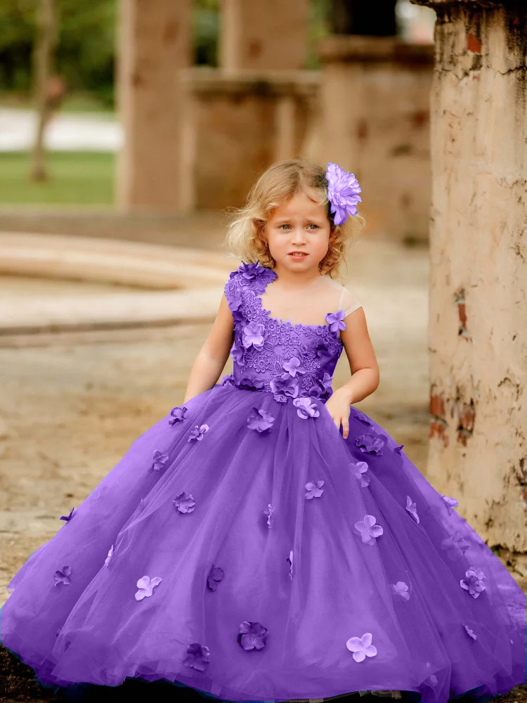 Abiti da ragazza di fiori arancioni Tulle Puffy Appliques fiori senza maniche per abiti da principessa per banchetti di festa di compleanno di nozze