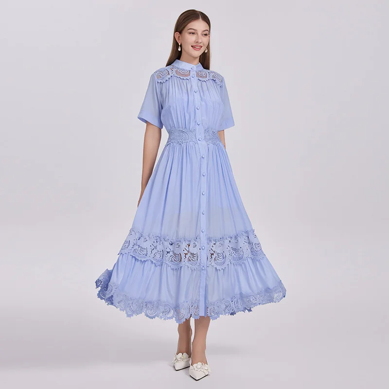 

Elegant Stand Collar Long Dress Ruffle Splicing Single Button Large Skirt Polyester Fiber Lace Commute Style High Waist