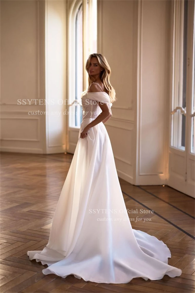 SSYTENS クラシックホワイトウェディングドレスオフショルダー A ラインスイープトレインエレガントなブライダルドレス女性プロム花嫁ドレスカスタマイズ
