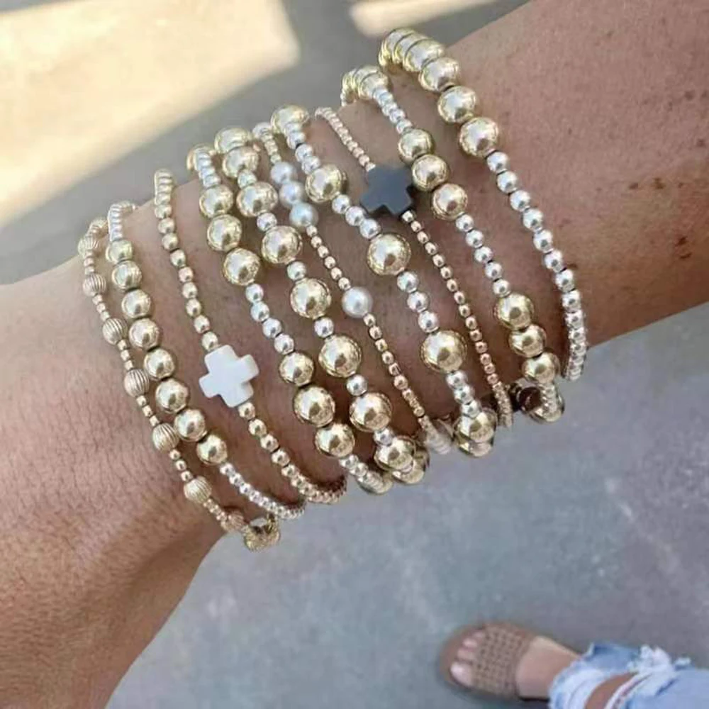 Boho Vintage Style Stretchable Bracelets Chic Multi-size Gold Color Beaded Bracelets Elastic Adjustable Hand Jewelry