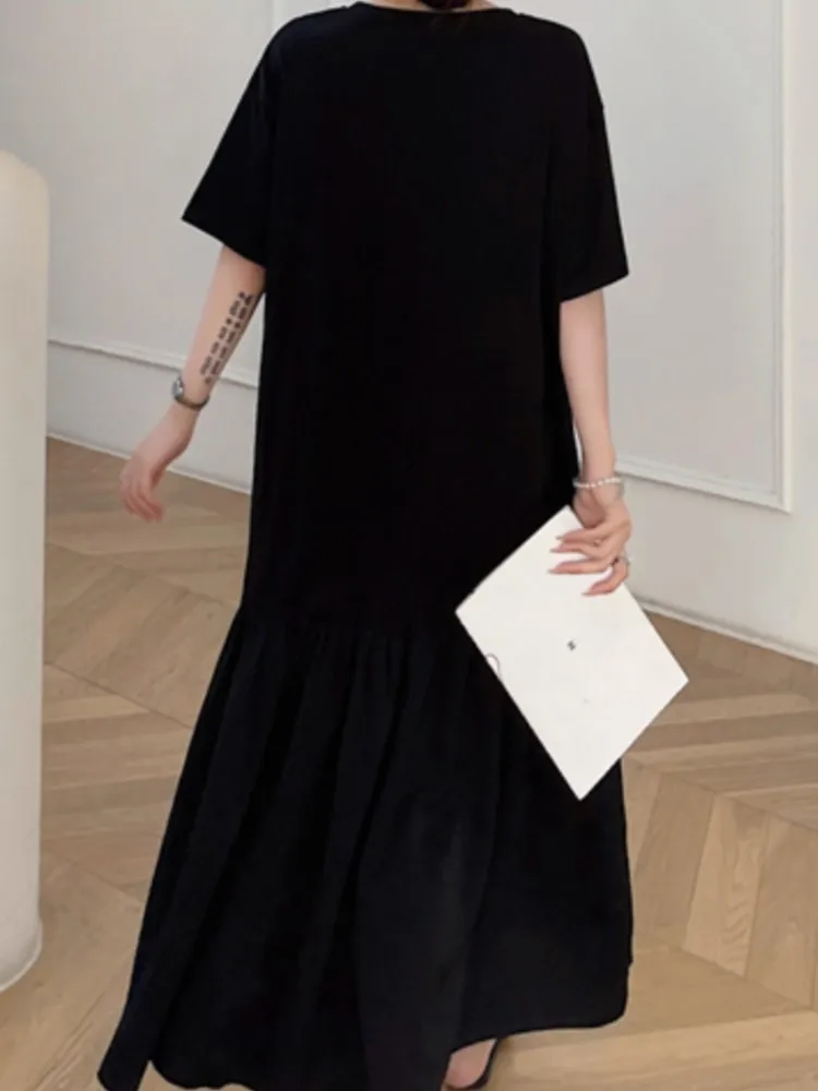 فستان نسائي كوري جديد صيفي كبير الحجم من فيستدوس رداء Elbise فضفاض مرقع هيم طباعة كم قصير فستان طويل فيستدوس