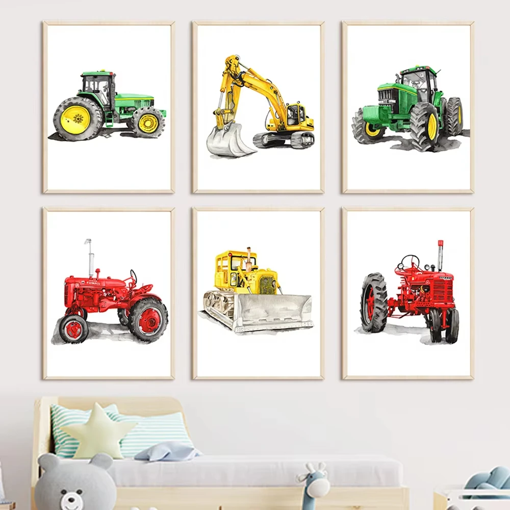 Excavator Bulldozer Loader Scooter Farm Tractor Wall  Canvas Painting Nordic Posters And Prints Wall Pictures Kids Room Decor