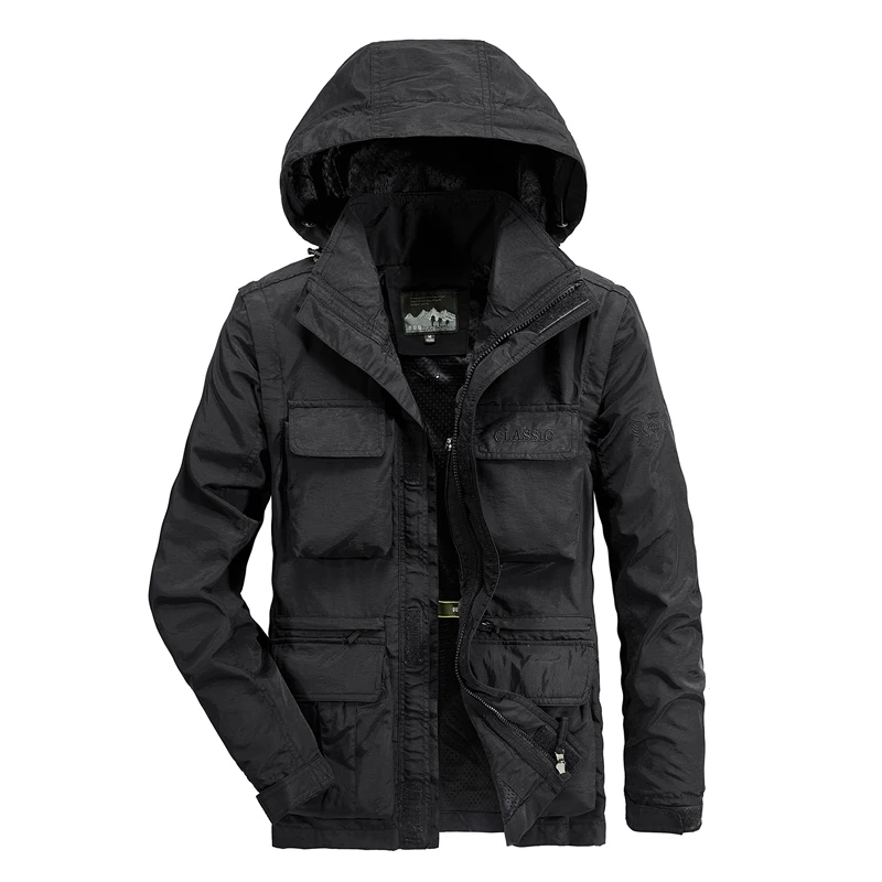 Men\'s Spring And Autumn Fashion Fishing Jacket Detachable Sleeve Hooded Outdoor Off-Road Utility Hooded Jacket Multi-Pocket Tops