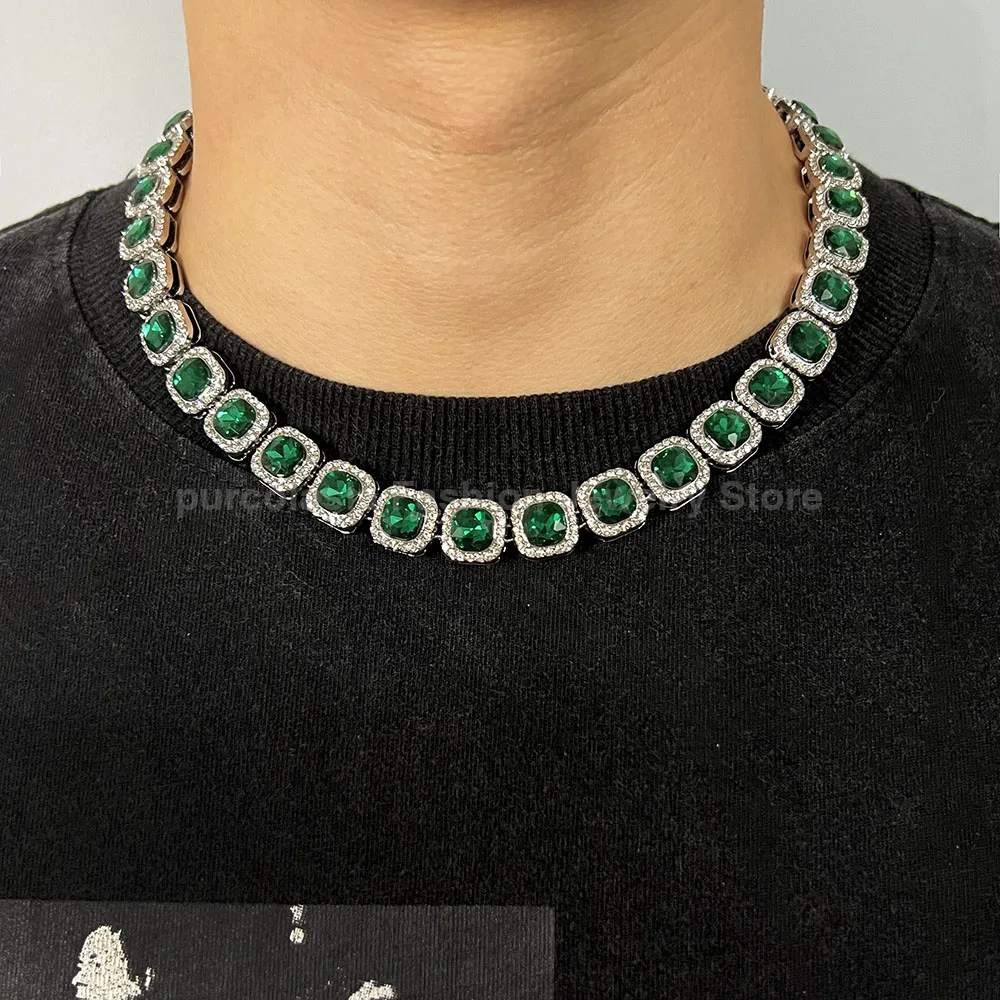 NEW Luxury Green Glass Necklace for Men Women 12mm Tennis Chain Cuban Link Hip Hop Square Bling AAA Rhinestones Glass Jewelry