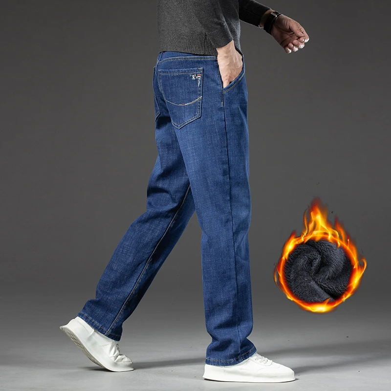 تمتد الصوف الجينز الرجال شتاء الأعمال الجديدة مريحة سميكة المخملية سراويل جينز موضة مستقيم عادية الذكور أفخم بنطلون