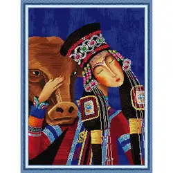 Tibetan Girl and Cow Character DIY 11/14 CT Painting Cross Stitch Embroidery Kits Cotton Thread Needlework Steed Home Decor Gift
